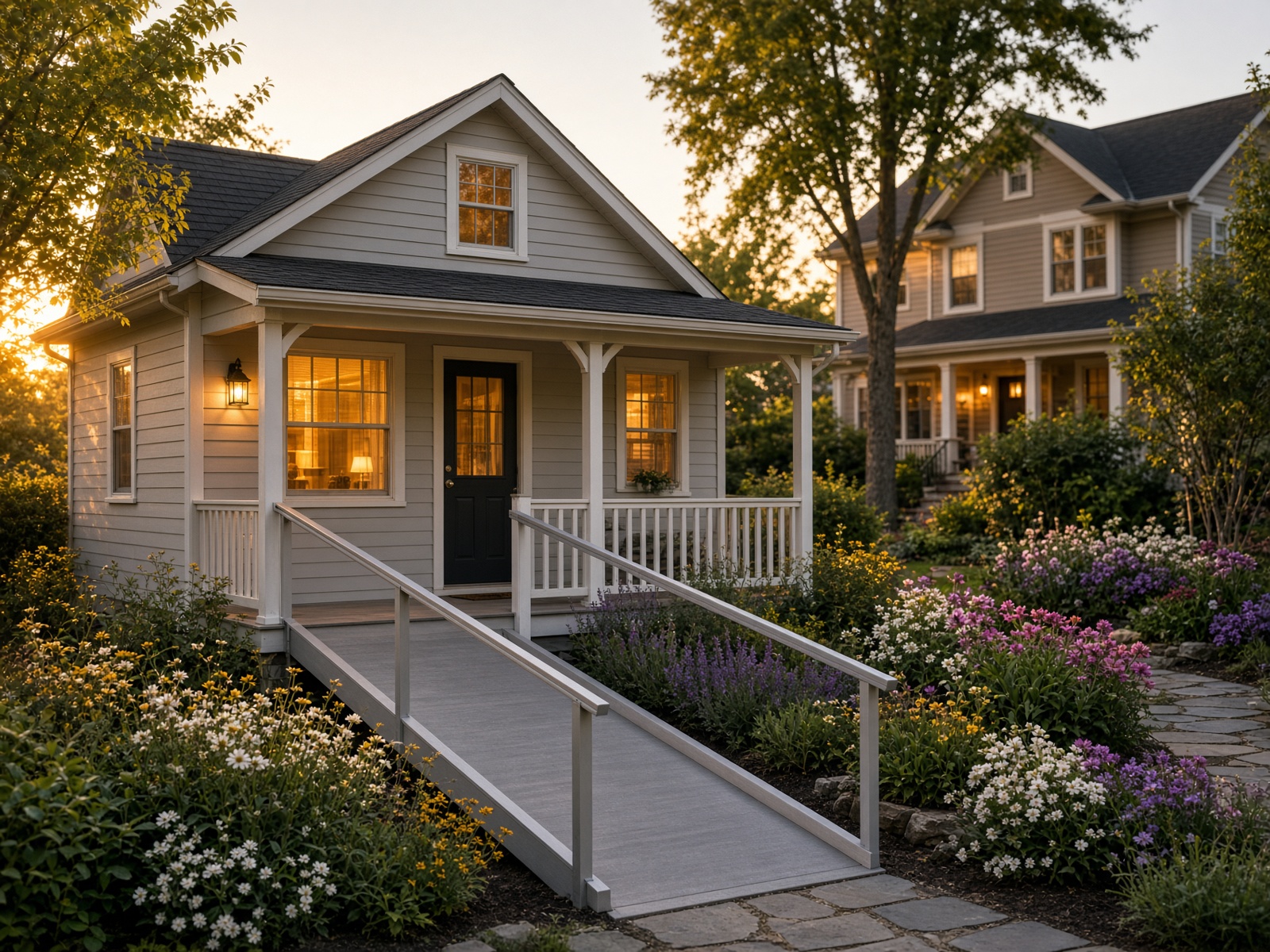 Accessible backyard cottage ADU with a gentle ramp beside a Maryland home