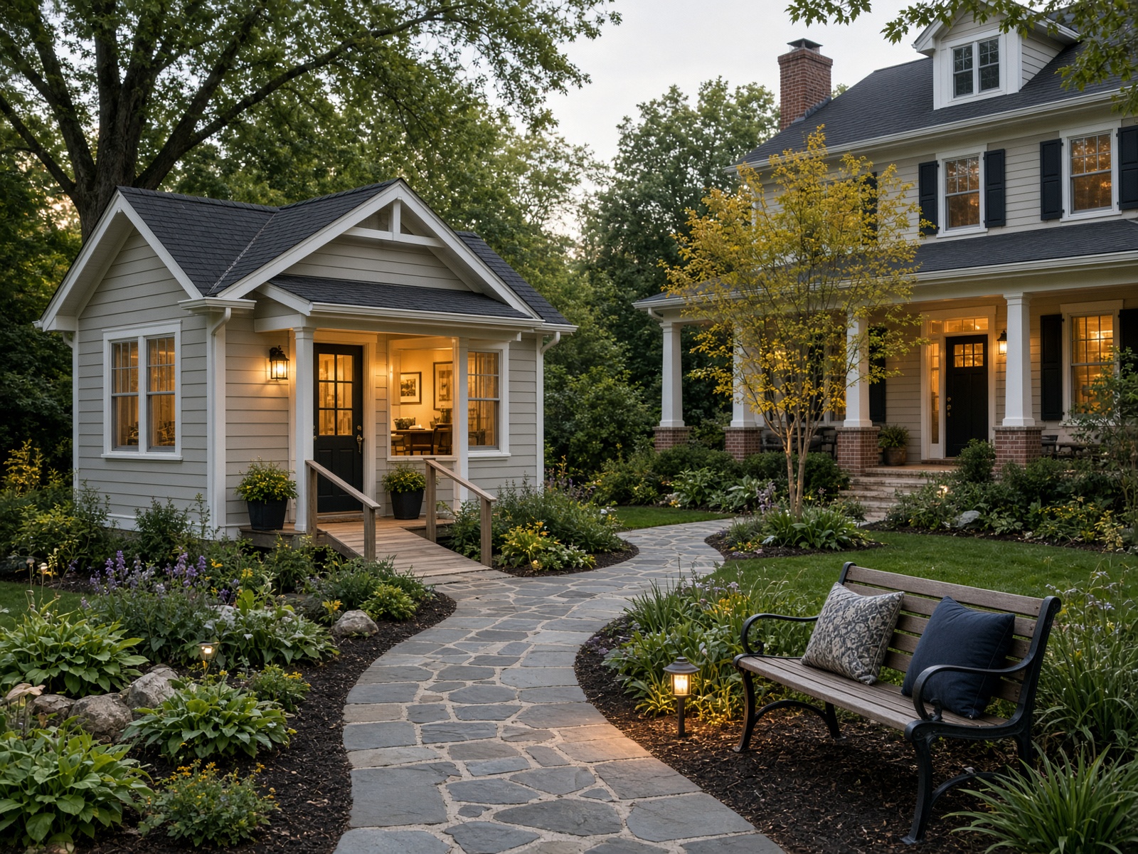 Caregiver-friendly accessory dwelling connected by a garden path