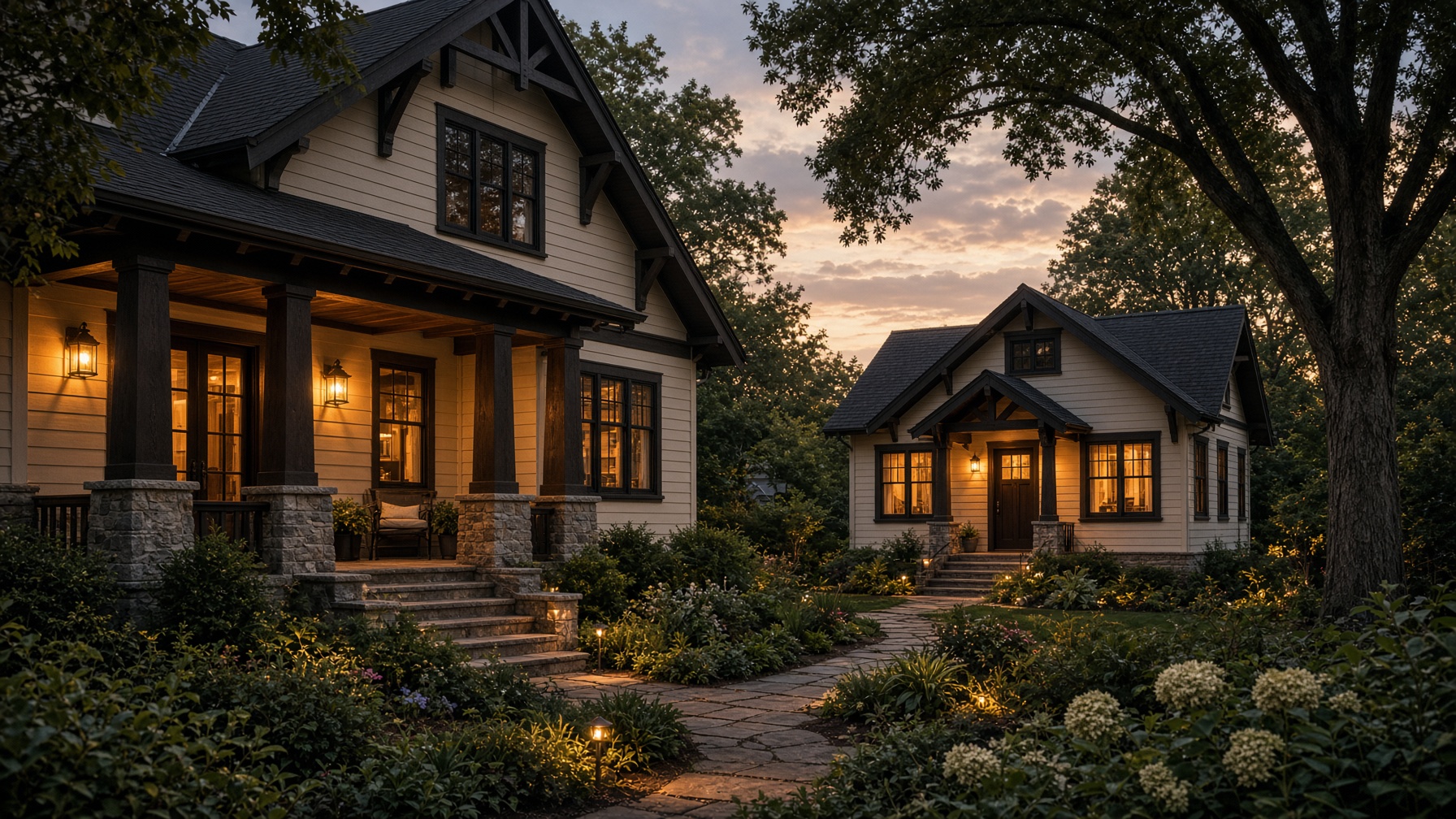 Maryland craftsman home with a backyard accessory dwelling cottage at dusk