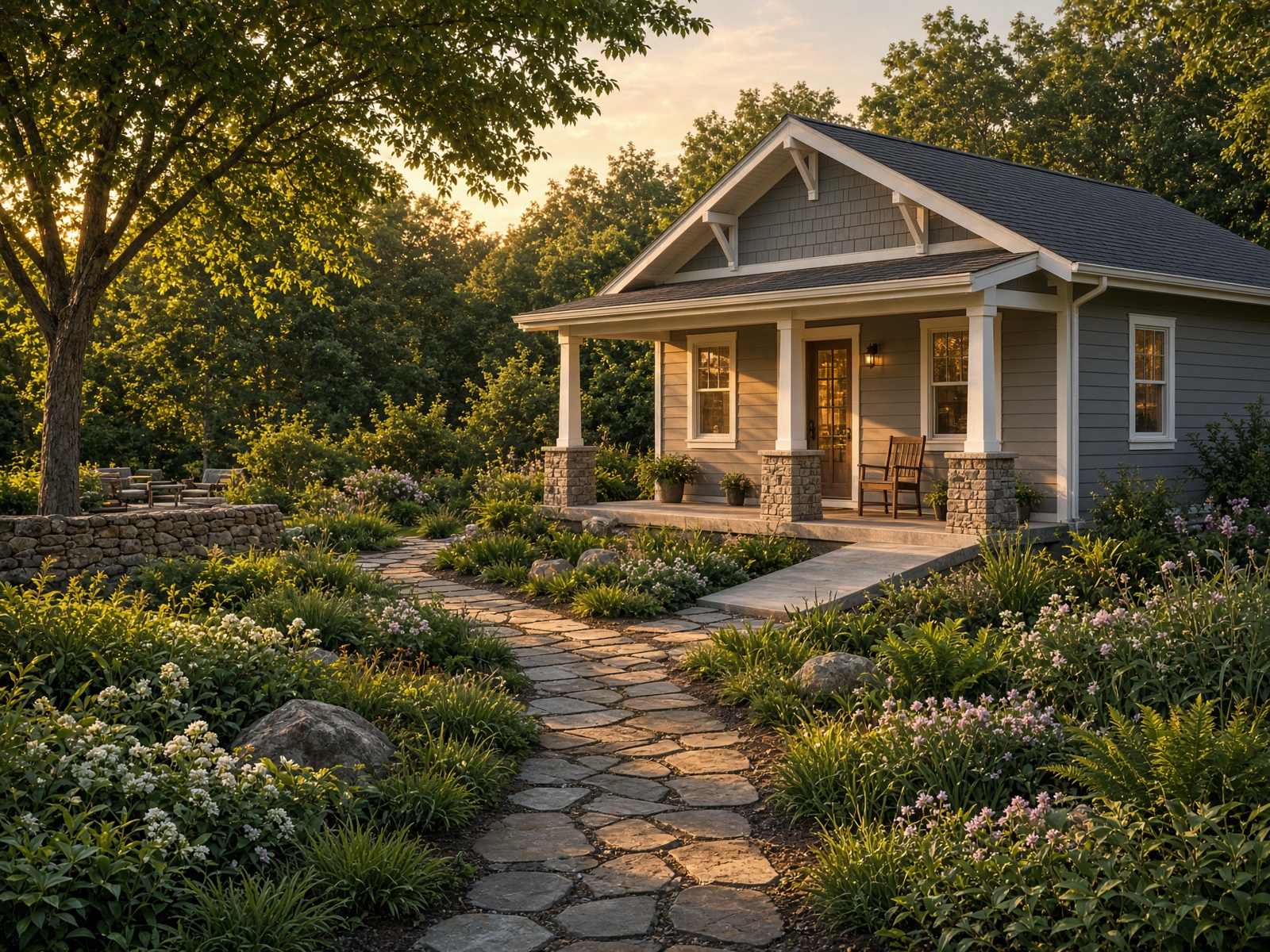 Landscaped Maryland backyard path leading to an ADU cottage