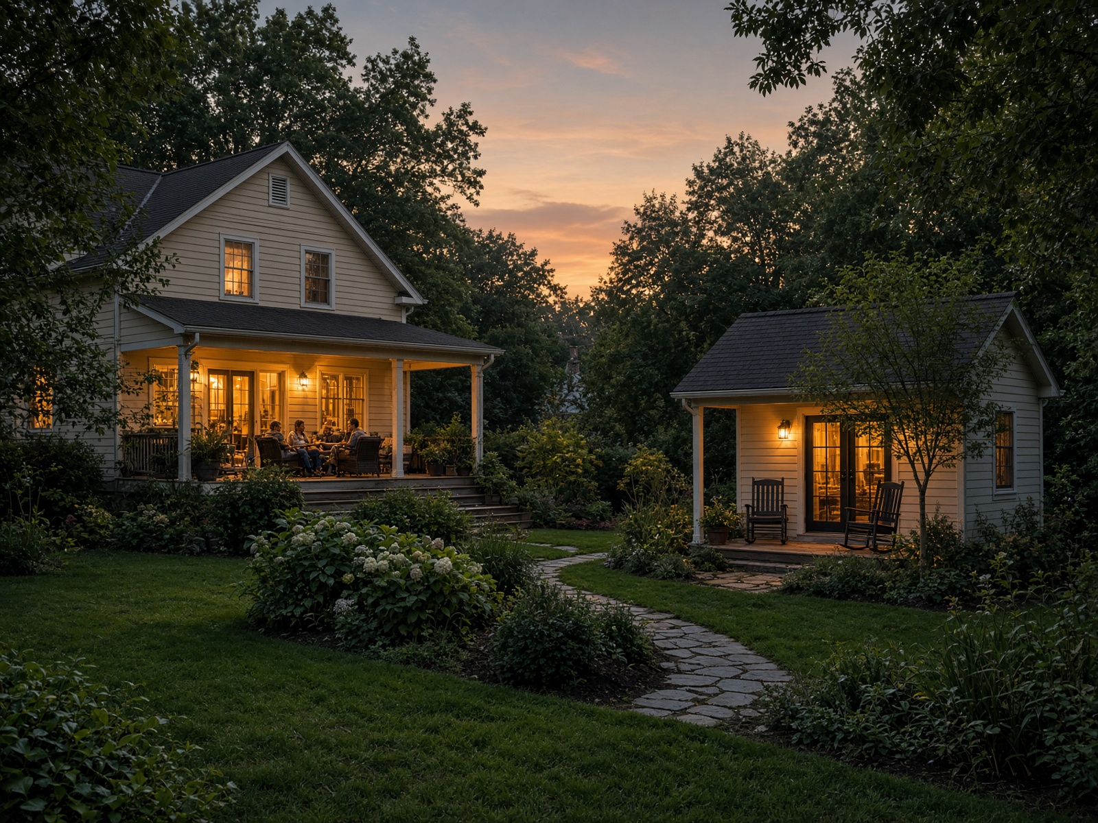 Main house and ADU cottage at dusk with family on a distant porch
